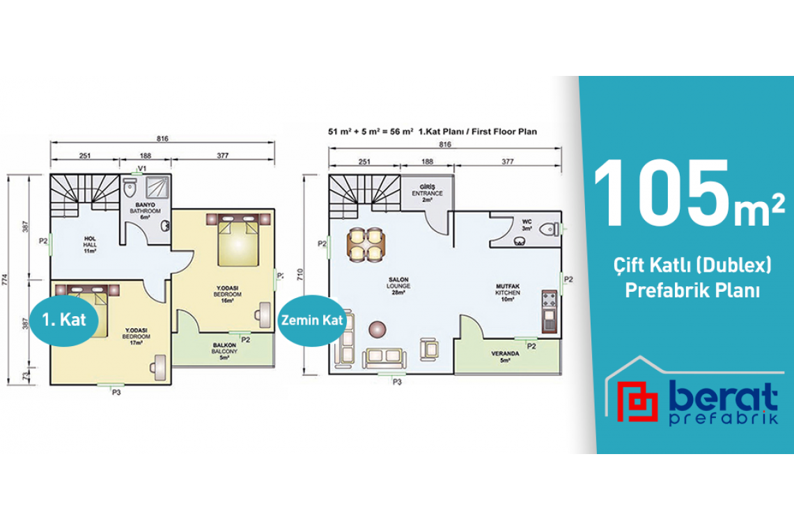 105 M² ÇİFT KATLI ( DUBLEX )  PREFABRİK EV